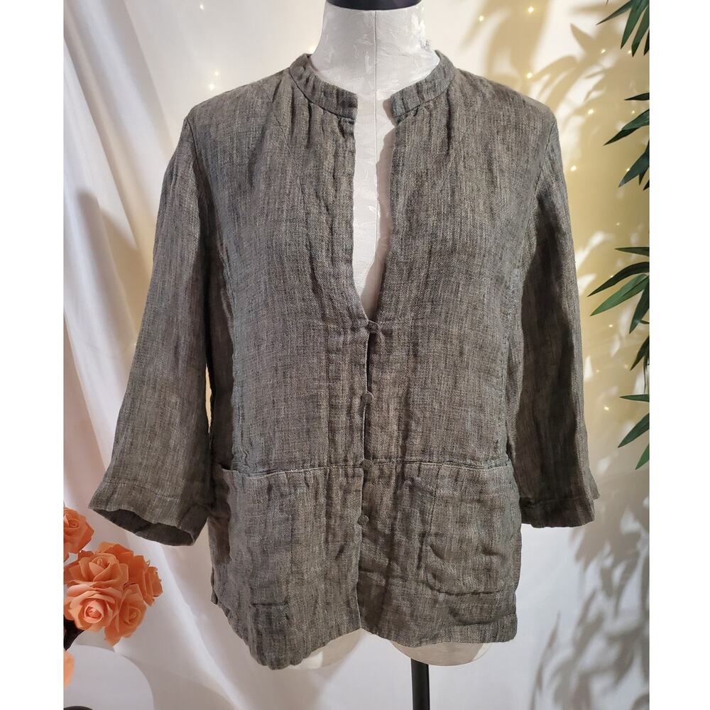 Eileen Fisher 100% Linen Blazer Jacket Womens Size L 3/4 Sleeve Lagenook Neutral